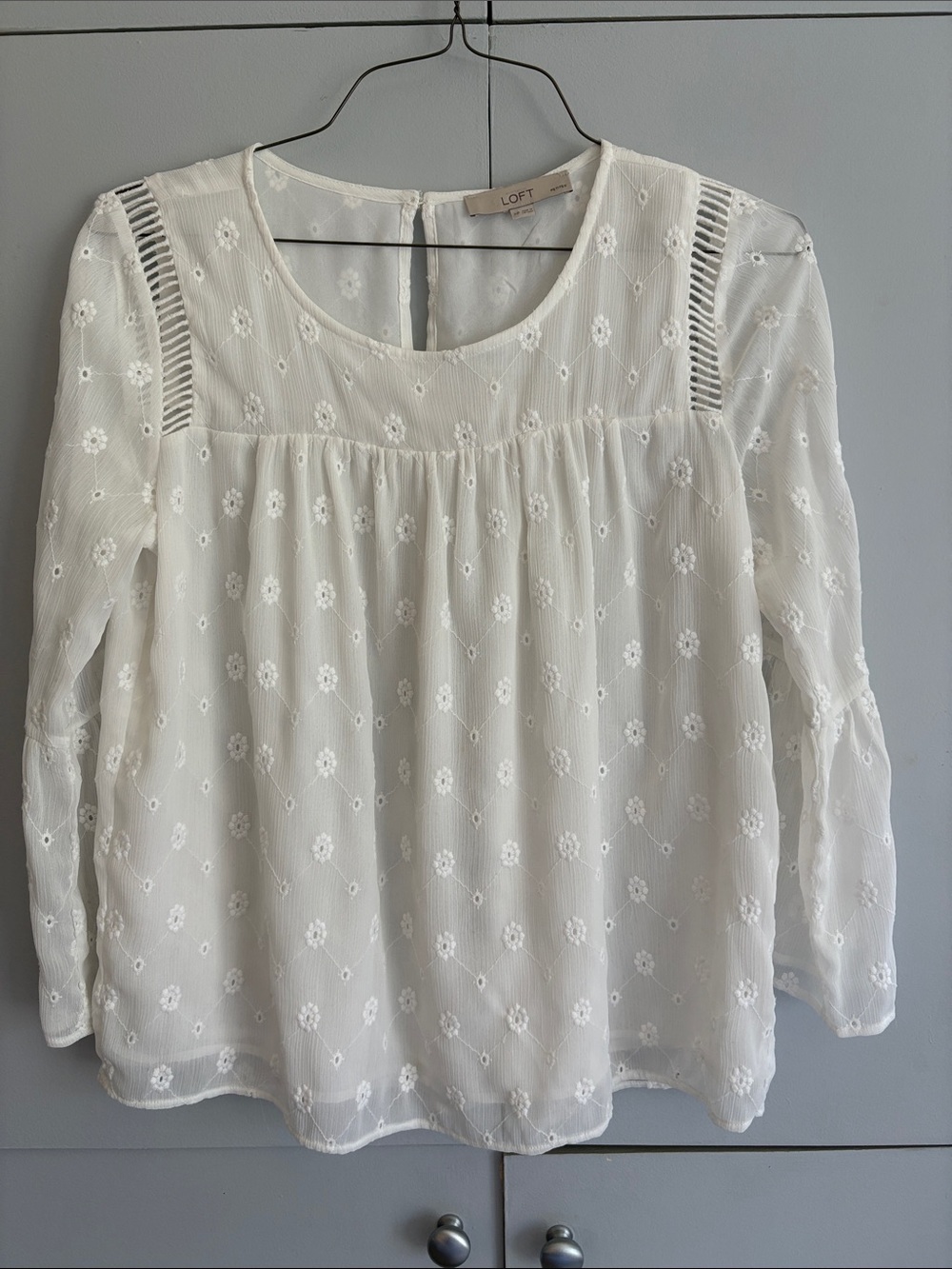 LOFT White Floral Eyelet Long-Sleeve Blouse
